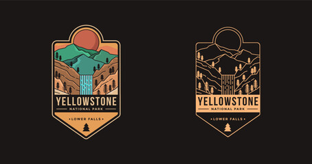 retro emblem patch vector illustration of lower falls yellowstone national park
