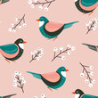 Seamless pattern with funny colorful birds, flowers, leaves and berries. Color flat vector illustration with little cartoon bird. Cute characters. Design for invitation, poster, card, textile, fabric