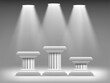 Empty winners podium template. Illuminated by spotlights. Stock vector illustration