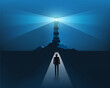 Man walks along the road leads to the light of the lighthouse. Stock vector illustration