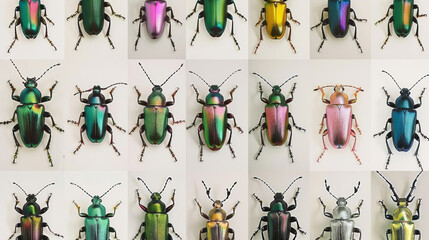 Canvas Print - A grid of various colored iridescent shiny jewel beetle illustrations on a white background.