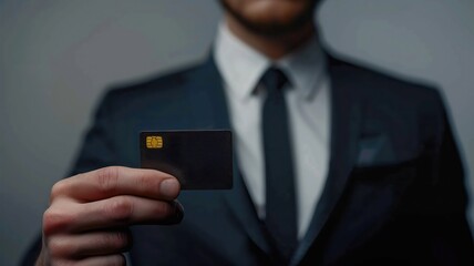 A man is holding a credit card in his hand while wearing a suit and tie