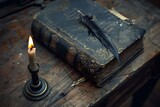 Fototapeta  - A torch by an old book and quill on a desk