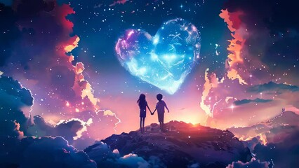 Wall Mural - Silhouettes of two children contemplating a big heart shape on the night sky. Universe loves us concept.