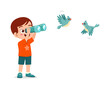 little kid use binocular to see bird fly