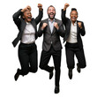 © EdvvinStudios - Exuberant business team celebrating success with a jump on transparent background
