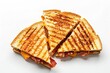 Delicious toasted sandwiches with cheddar cheese and bacon isolated on white background top view