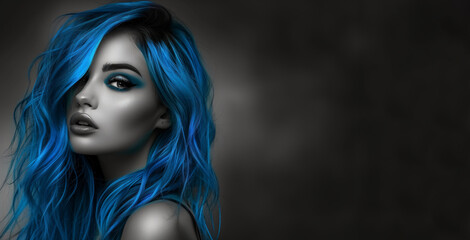 Wall Mural - A woman with blue hair and blue eyes. She is wearing makeup and has a blue hairdo. A monochromatic portrait of a stunning model with vivid blue hair, the only element in color