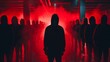 Red team cyber security, man in hoodie standing in dark room with red light behind him, performance space unrecognizable person spectator nightlife performance