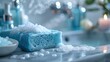 Recreational hygiene concept, blue bath sponge and blue candle, healthy lifestyle beauty soap dispenser care home interior