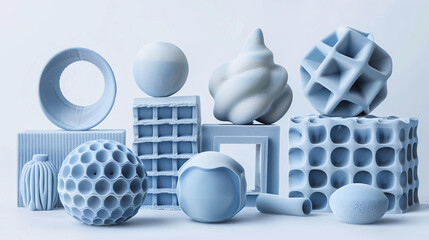 collection of blue  3D printed shapes on a white background, including geometric objects with various textures like smooth or textured surfaces