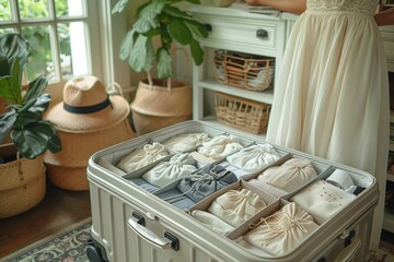 light large windows, a close-up of woman's hands in white clothes packing a suitcase with clothes to the trip