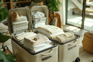 light large windows, a close-up of woman's hands in white clothes packing a suitcase with clothes to the trip