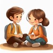 jeune fille et jeune homme sortant de l'école et discutant assis en tailleur. dessin en ia