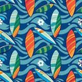 Fototapeta  - Seamless pattern of surfboards and waves cresting in the ocean, Generative AI