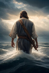 Wall Mural - Jesus miraculously walks on water across the sea