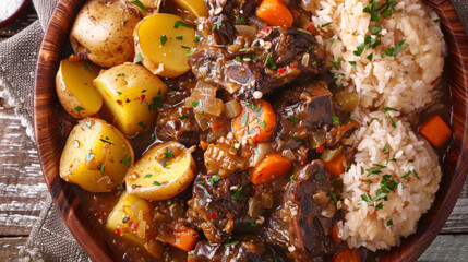 Wall Mural - Authentic jamaican oxtail stew served with rice, potatoes, and carrots, garnished with fresh herbs on a rustic wooden table