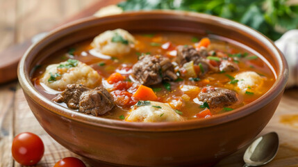 Wall Mural - Savory jamaican beef stew with succulent beef, dumplings, and fresh vegetables, presented in a terracotta bowl on a rustic wooden table