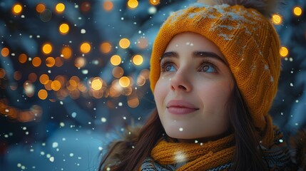 A young woman wearing a yellow beanie and scarf smiles as she looks up at the falling snow. The warm glow of the lights behind her creates a magical atmosphere.