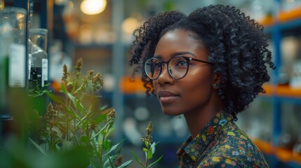 A young African-American woman wearing glasses and a floral shirt is looking at a plant in a laboratory.