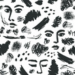 Vector face abstract art seamless pattern. Woman fashion print with ink spots, hand drawn textures. Modern creative beauty sketch, black and white