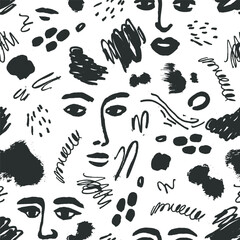 Wall Mural - Vector face abstract art seamless pattern. Woman fashion print with ink spots, hand drawn textures. Modern creative beauty sketch, black and white