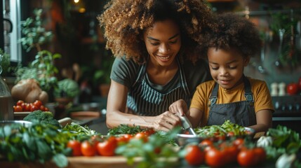 African American Mother and Child Cooking Healthy Meal in Kitchen. Mother's Day