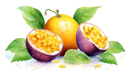 Wall Mural - Passion fruit with leaves isolated on a white background. Vector illustration.