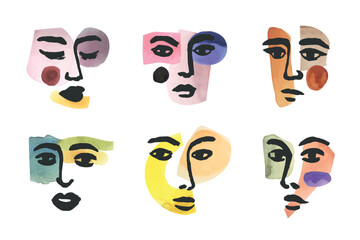 Wall Mural - Vector set of woman collage faces, ink hand drawn portraits with painting. Creative fashion concepts, prints, cubism illustration. 