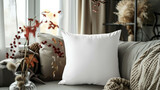 Fototapeta Konie - White Blank Polyester Pillow Mock Up On A Cozy Sofa With Feminine And Boho Vibe