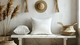 Fototapeta Konie - White Blank Polyester Pillow Mock Up On A Shelf With Boho Vibe