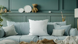 Fototapeta Konie - White Blank Polyester Pillow Mock Up On A Cozy Sofa