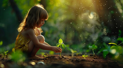 Little girl plants a sprout