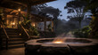 Outdoor steaming thermal spring hot tub in the hotel resort at night, natural setting