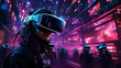 Young woman wearing virtual reality headset against night city background with neon lights