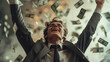 © ALL YOU NEED studio - handsome young businessman is happy, throwing money in the air, wearing suit . The background of falling dollars in motion blur