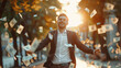 © ALL YOU NEED studio - handsome young businessman is happy, throwing money in the air, wearing suit . The background of falling dollars in motion blur