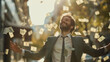 © ALL YOU NEED studio - handsome young businessman is happy, throwing money in the air, wearing suit . The background of falling dollars in motion blur