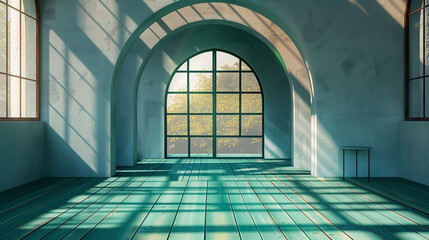 Wall Mural - Ultra-modern 3D office with horseshoe arch, violet floor, early sunlight play.
