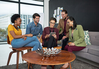 Aufkleber - Design, project management and tablet with team of business people in creative workplace together. Collaboration, planning or technology with man and woman designer group in office for discussion