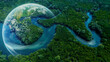Aerial view mangrove forest natural landscape environment with globe planet, River in tropical mangrove green tree forest, Save earth ecosystem and environment.