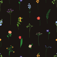 Poster - Flowers pattern, seamless print. Delicate floral branches, field plants, stems on endless botanical background. Summer meadow texture design, tiny wildflowers. Flat vector illustration for textile