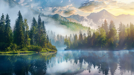 Wall Mural - Beautiful morning coniferous forest near the river