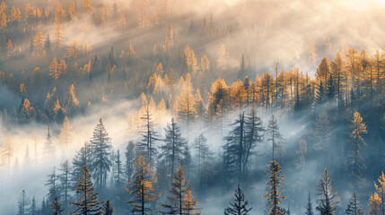 Wall Mural - Beautiful morning coniferous forest near the river