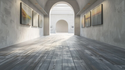 Wall Mural - Vector illustration of a large art gallery with a gray floor and soft lighting.