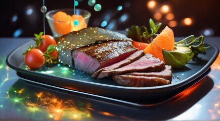 Poster - AI generated illustration of a big steak served with assorted vegetables on a plate