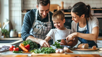 A happy family cook together.