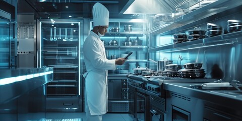 Poster - Close up of professional chef hands using tablet or innovation technology while cooking form recipe. Skilled cock wearing cook uniform while looking at food recipe. Futuristic cocking concept. AIG42.