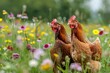 Zwei Hühner auf einer Blumenwiese 