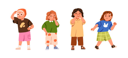 Poster - Happy children playing. Joyful funny active kids set. Cute playful preschool boys and girls running, looking, seeking, laughing, having fun. Flat vector illustrations isolated on white background